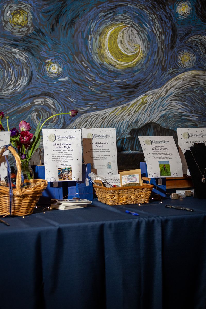 Silent auction items on display at a Kimberton Waldorf School event, showcasing a variety of unique and exclusive items.