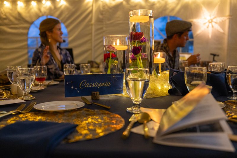 Guests enjoying the special guest speaker at the Starlight Soiree, listening intently to the engaging presentation.